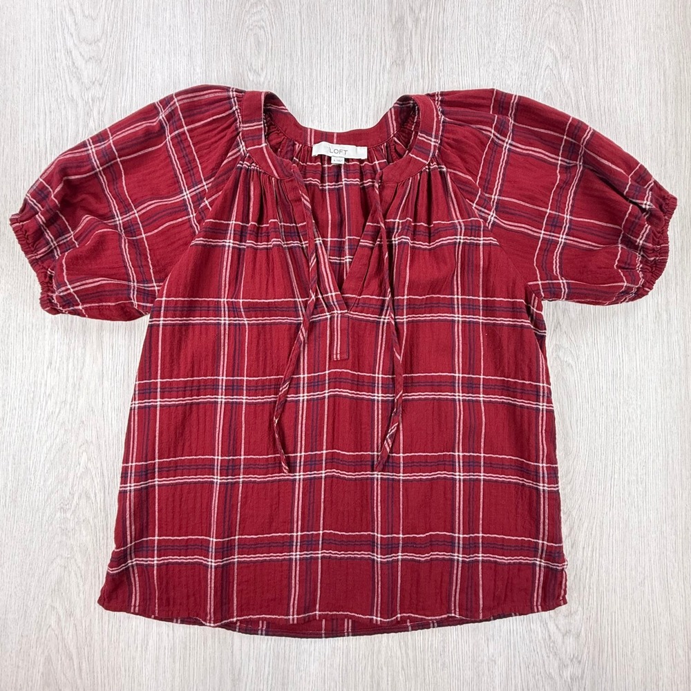 Blouse LOFT Women Small Red Plaid Short Puff Sleeve Preppy Fall Casual
